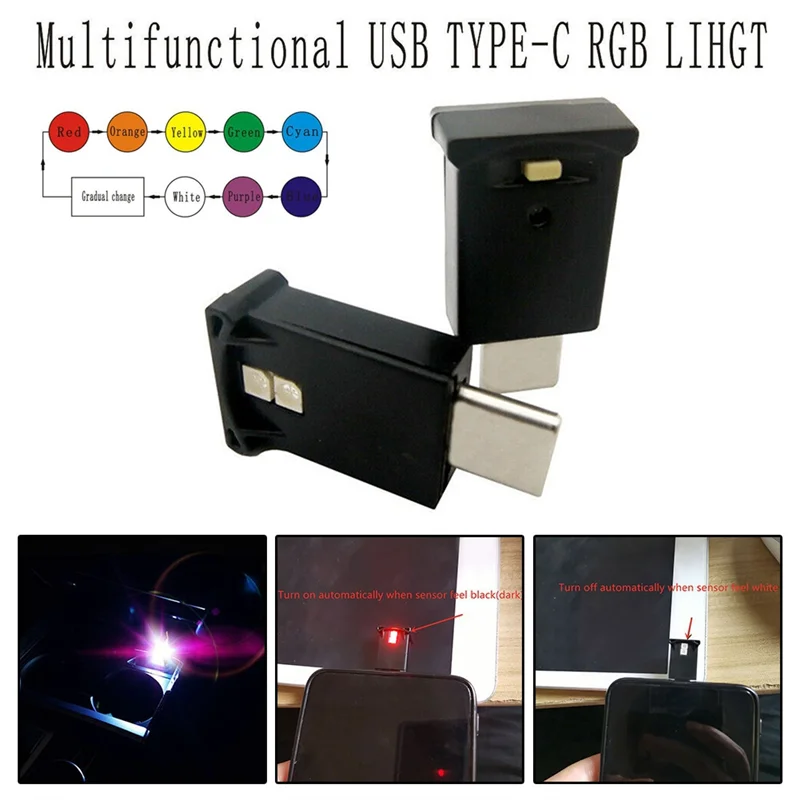 سطوع ضوء USB-C LED RGB صغير قابل للتعديل 8 ألوان قابلة للتغيير للسيارة وأجهزة الكمبيوتر المحمولة ومصباح الليل للوحة المفاتيح -A08Q