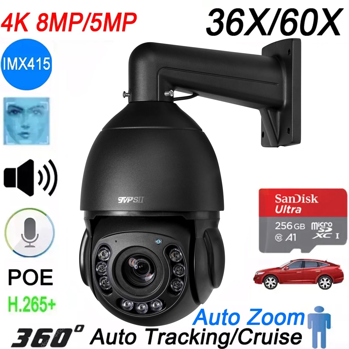 Max.256gb-Câmera IP Dome Externa, 8MP, 4K, H.265 +, 36X, Zoom Óptico, Rotação de 360 °, Áudio, ONVIF, POE, Velocidade PTZ, Preto, Rastreamento Automático