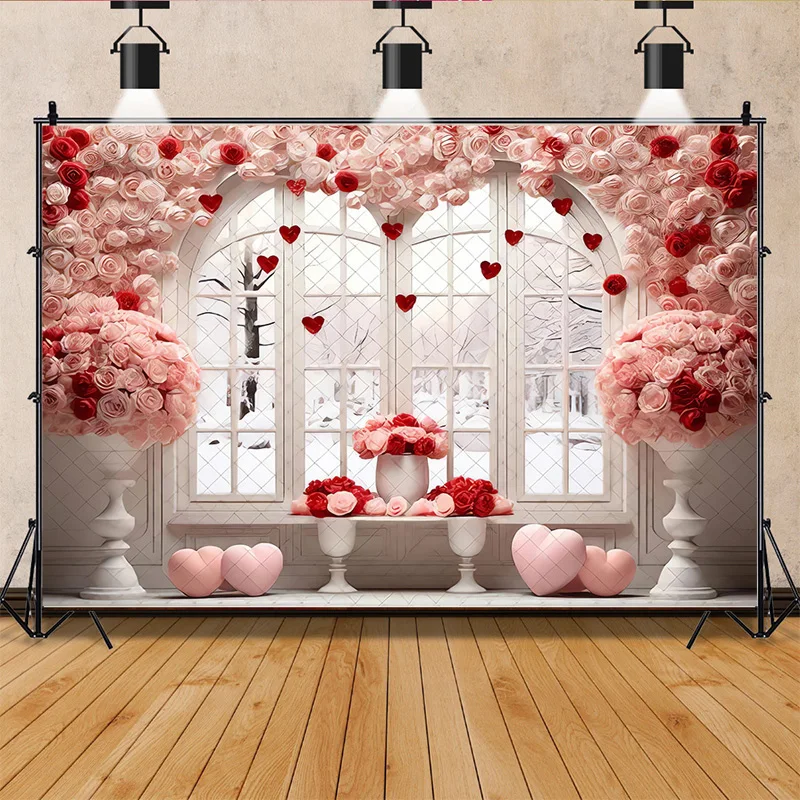 

Valentine's Day Photography Backdrops Props Red Rose Birthday Love Big Window Pre Wedding Party Photo Studio Background VA-05