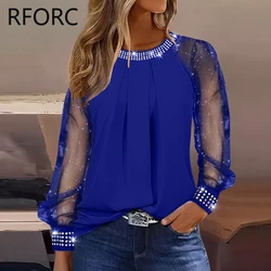 Blusa feminina de strass glitter, blusa redonda com gola, top preto casual, decoração, 2023