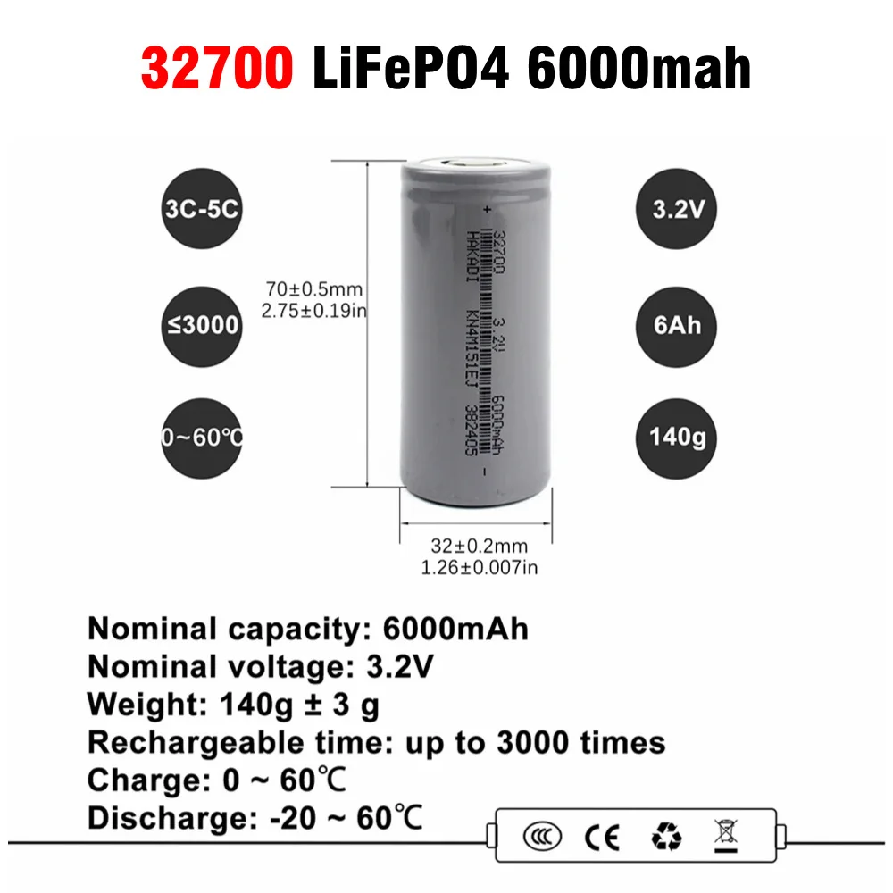 NEW LiFePO4 Battery 3.2V 6000mAh 32700 19.2WH 6AH Discharge Long Cycle Life Rechargeable Battery For DIY Solar Energy E-bike