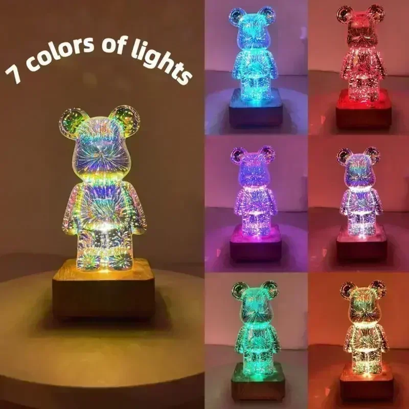 Luz LED nocturna de fuegos artificiales de oso 3D, proyector USB, lámpara ambiental cambiable de Color, adecuada para decoración de habitación de