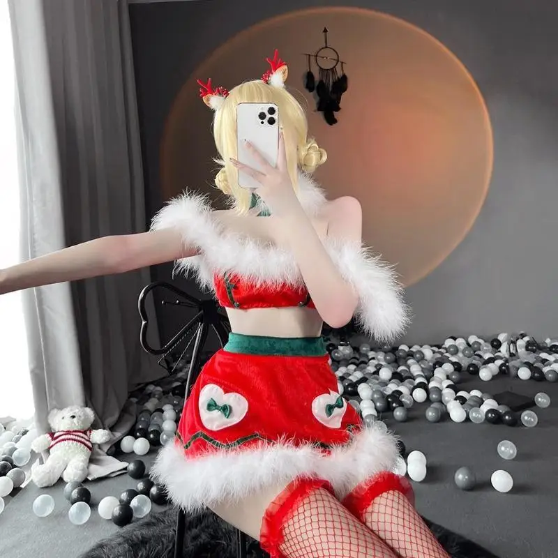 XMAS Lingerie Ladies Sexy Backless Bra Anime Cosplay Plush Mini Top Set