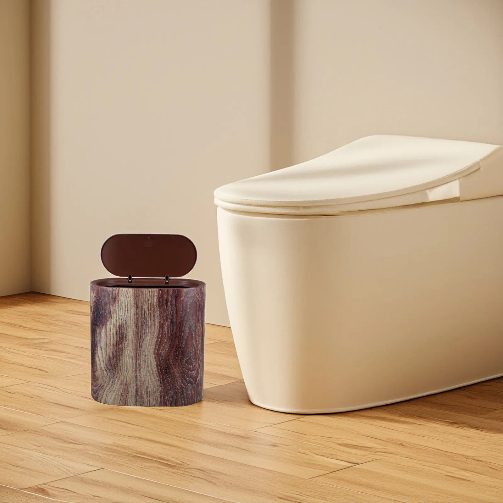 

Slim Space-Saving Wood Grain Trash Can with Lid for Bathroom Kitchen Living Room Office Narrow Small Compact Waste Basket