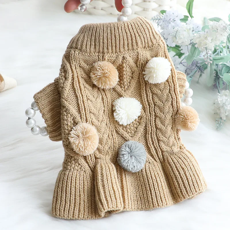 Dog Clothing Autumn Cat Princess Sweater Dress Cute Hairball Coffee Pink Soft Knitted Wool Pullover Coat Pet Clothing L3272