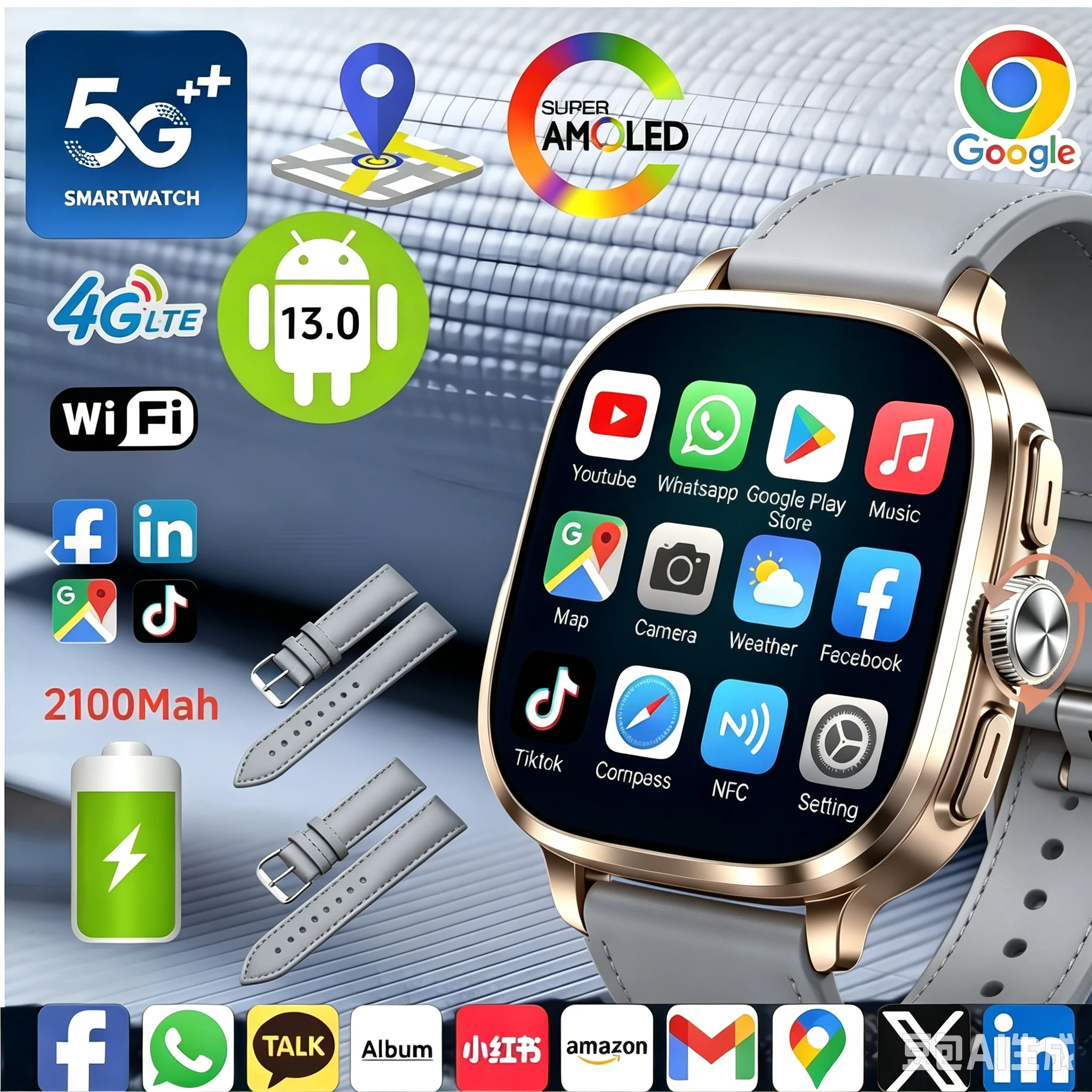 Newest Android 13.0 Smartwatch 5G Full Netcom Smart Watch With 190° Rotary Camera GPS Position WIFI NFC 2100mAH Battery 2.4inch