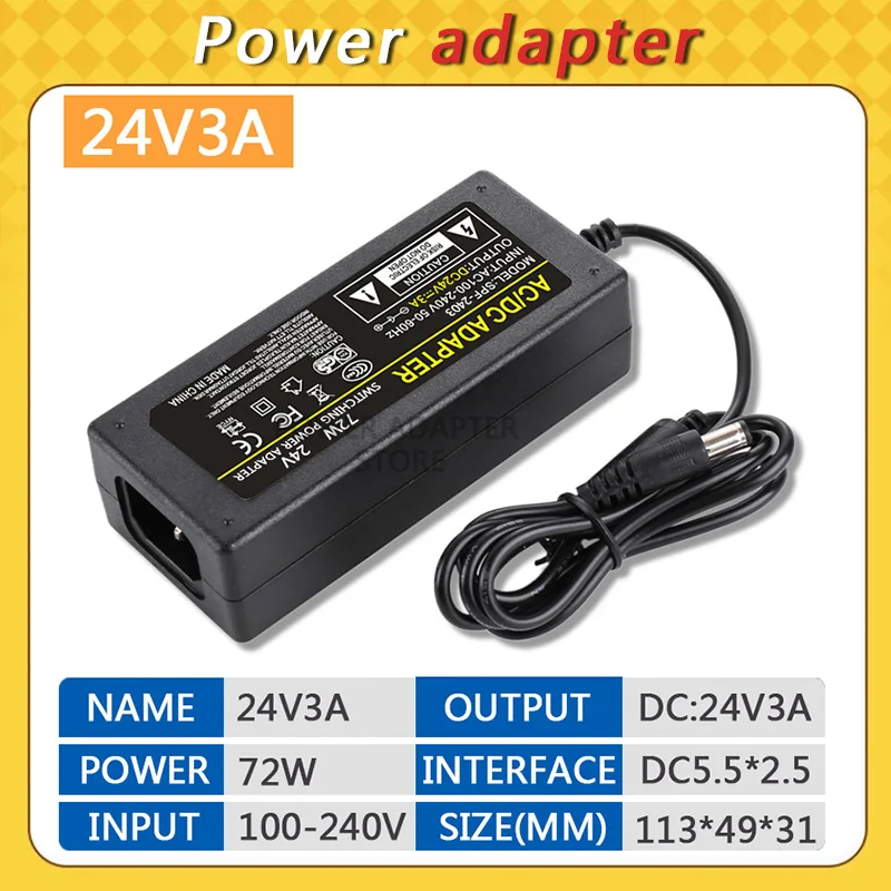 DC 24V3A Power Supply Adapter,  AC 100-240V to DC 24V 3A Switching Transformer Jack 5.5mm x 2.5mm for LED Strip, Light, Cameras