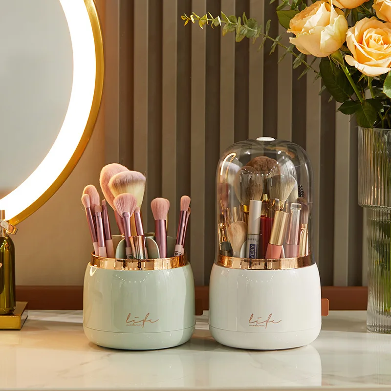 Cosmetic Storage With Clear Lid Makeup Brush Holder Organizer 360 Rotating Compartment Tube Lipstick Desktop Shelf