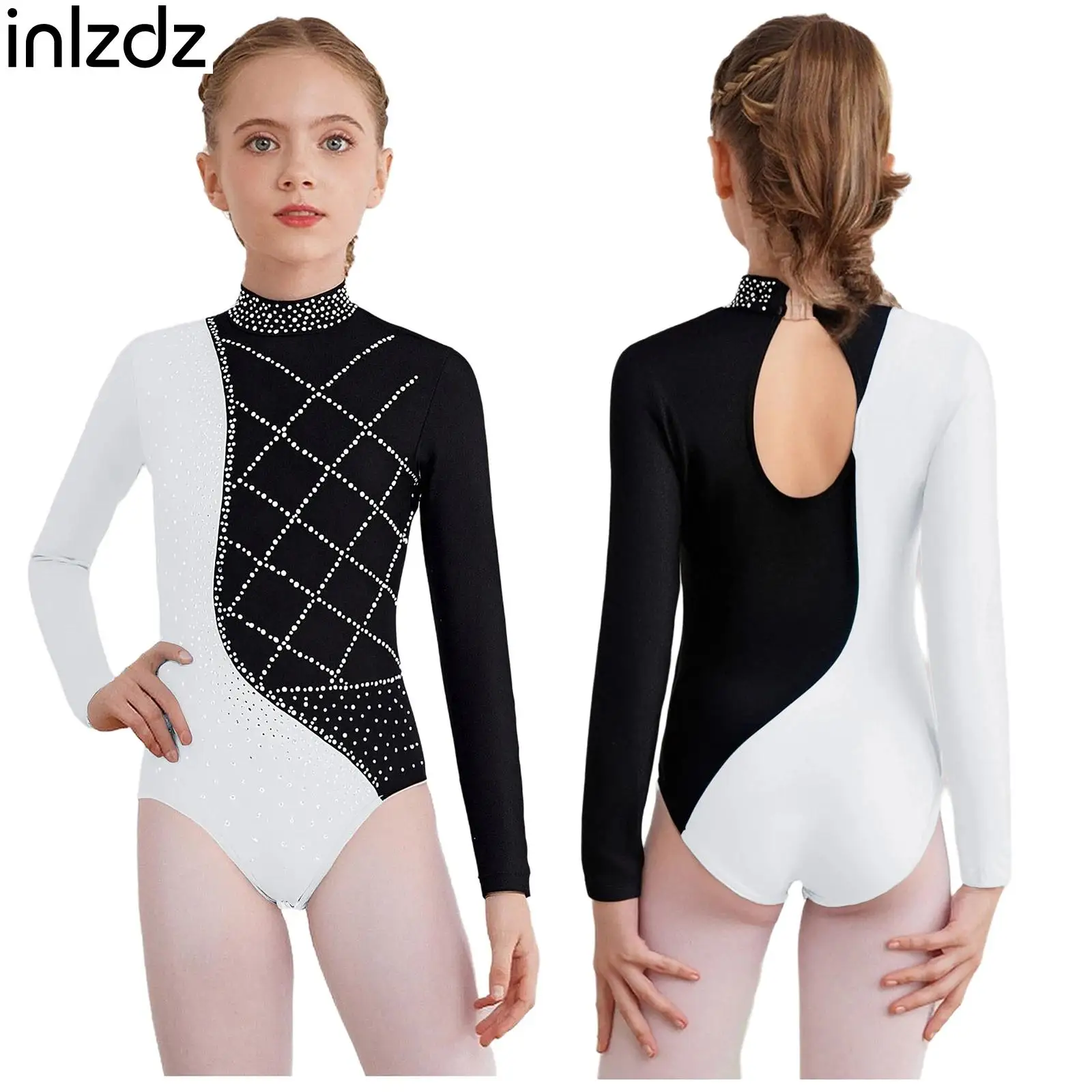 Body da danza classica per ragazze con strass Ginnastica ritmica Pattinaggio di figura Costume da spettacolo di danza Body da ballo a maniche lunghe