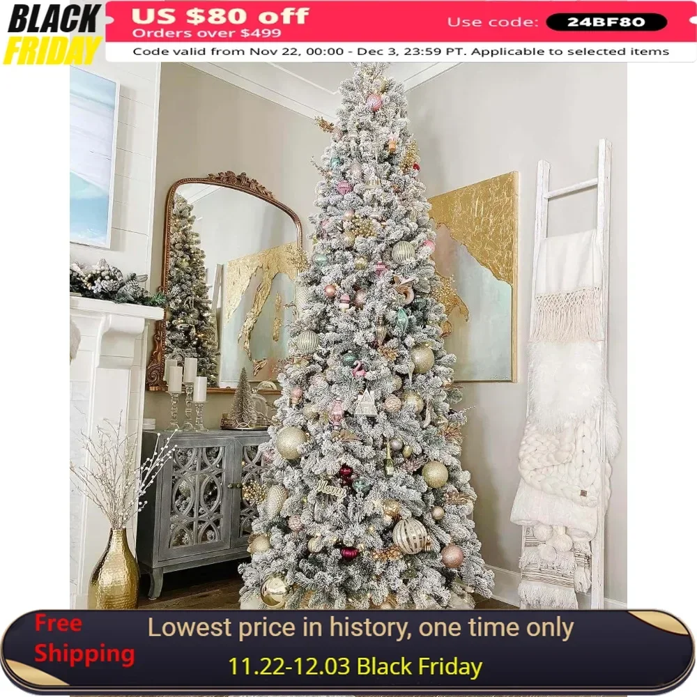 9ft Artificial Christmas Tree Unlit, Skinny Flocked Christmas Trees with Metal Stand, Hinged Thin Xmas Tree