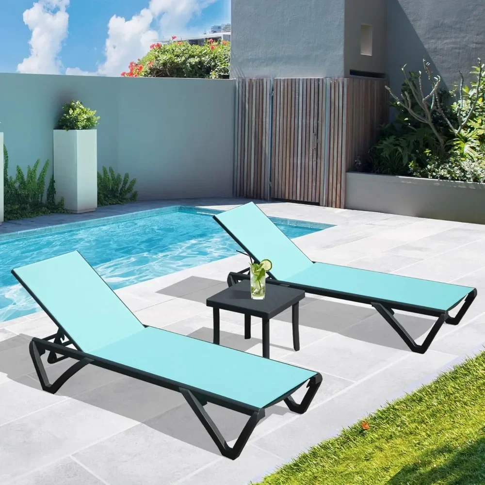 Patio Lounge Chairs Set of 3, Aluminum Pool Chaise Lounge with Side Table,5 Position Adjustable Backrest and Wheels, Lounge