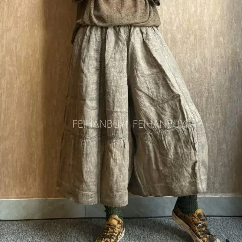 

New 2026 Summer Style Women Elastic Waist Loose Casual Calf-length Pants Vintage Cotton Linen Wide Leg Pants High Qualit F6605