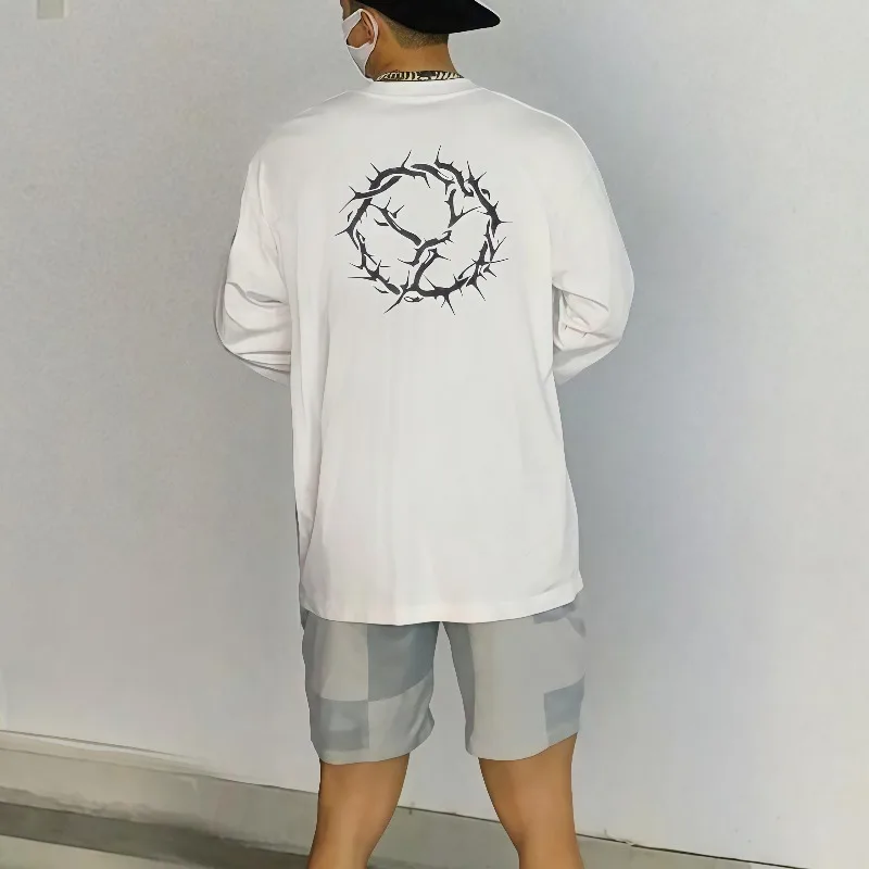 

3D Printed Long Sleeved T-shirt with Crown Pattern Full of Thorns, Casual and Fashionable Breathable Quick Drying Top