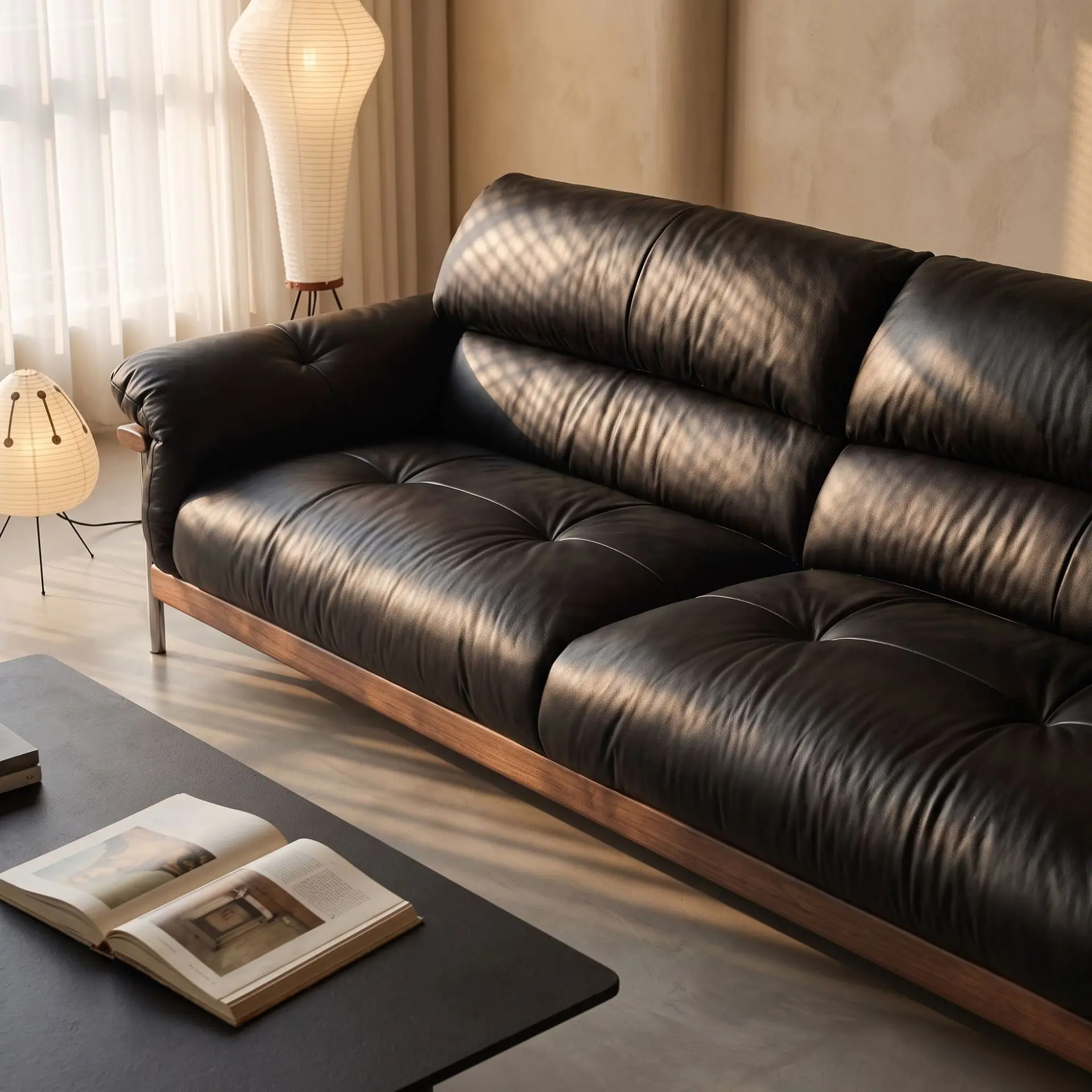 Italian light luxury style, leather sofa, ergonomic design, wide sitting depth