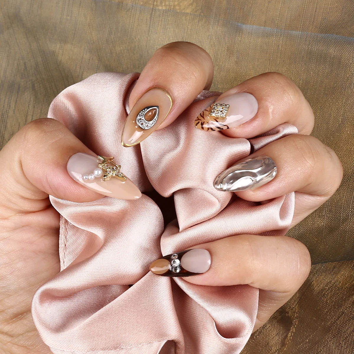 GlamourGalaxy Nails 10PC Handgemaakt, Premium Full-Cover pers op nagels Aanpasbare ambachtelijke ontwerpen voor Instant Salon-Kwaliteit Mani