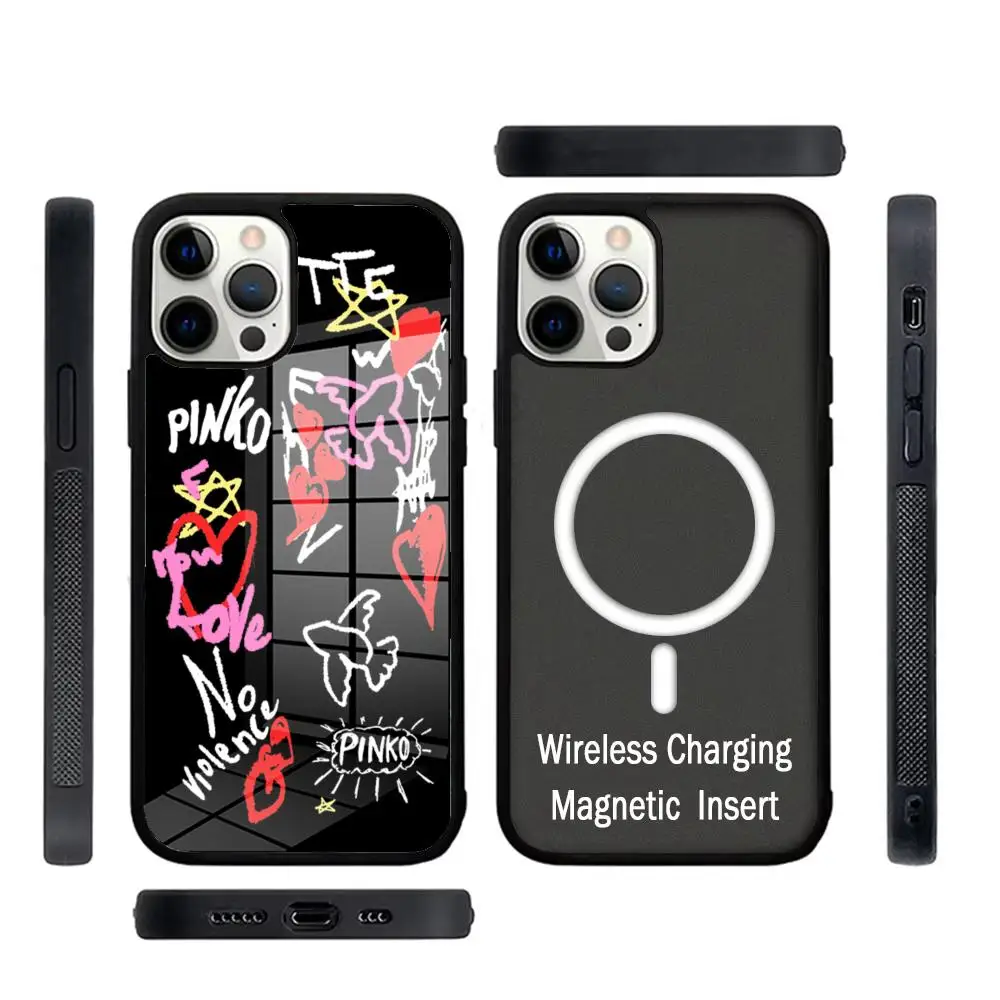 Pink bird Woman P-Pinko Phone Case Glass For IPhone 16 15 Promax 14 13 Pro 12 11 Magnetic charging Covers