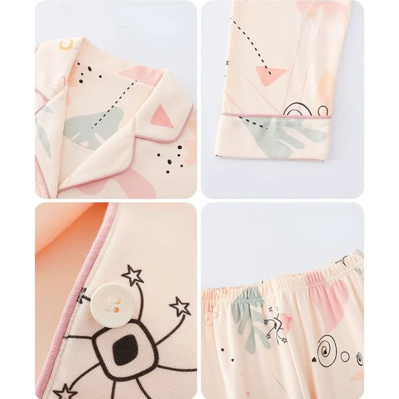 2024 New Pajamas Women Spring Autumn Pure Cotton Sleepwear Long Sleeved Lapel Loose Homewear Set V-neck Print Loungewear