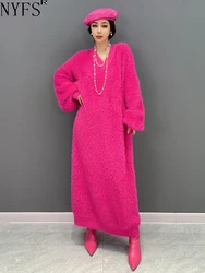 NYFS 2023 Winter New Korean Woman Dresses Vestidos Robe Elbise Loose Plus Size V-neck Mink Velvet Knitting Sweater Dress