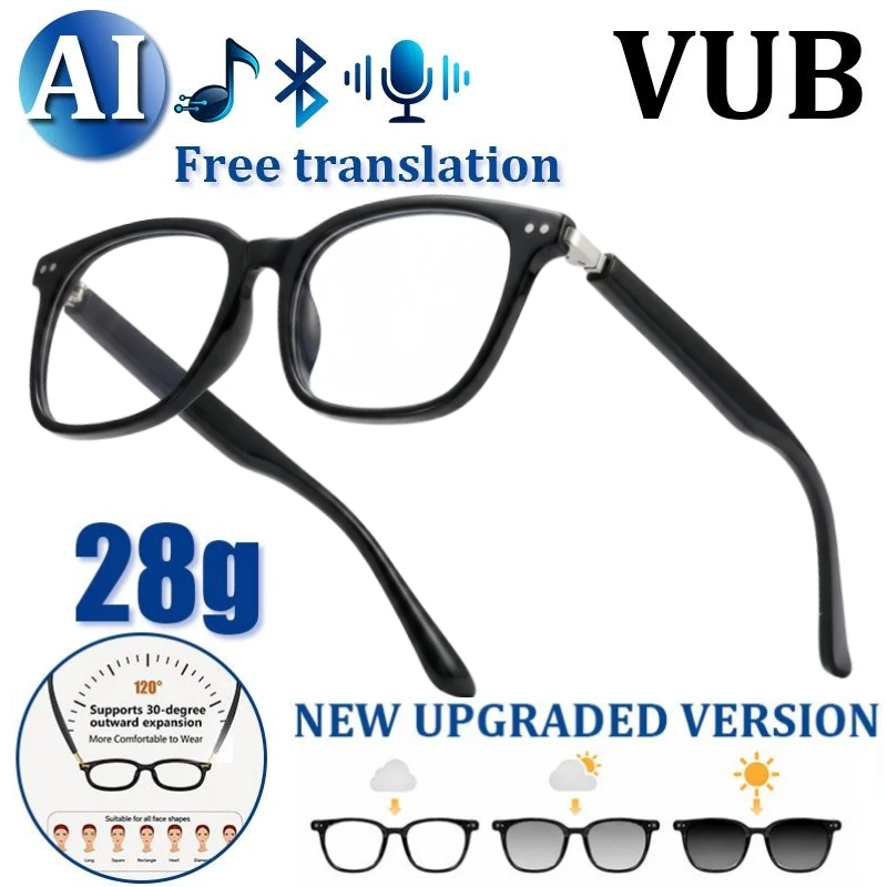 Lunettes intelligentes avec traduction par IA, lunettes audio Bluetooth avec verres photochromiques, branches ultra-fines et charnières à ressort, lunettes légères de 28 g avec contrôle tactile pour la musique, les app