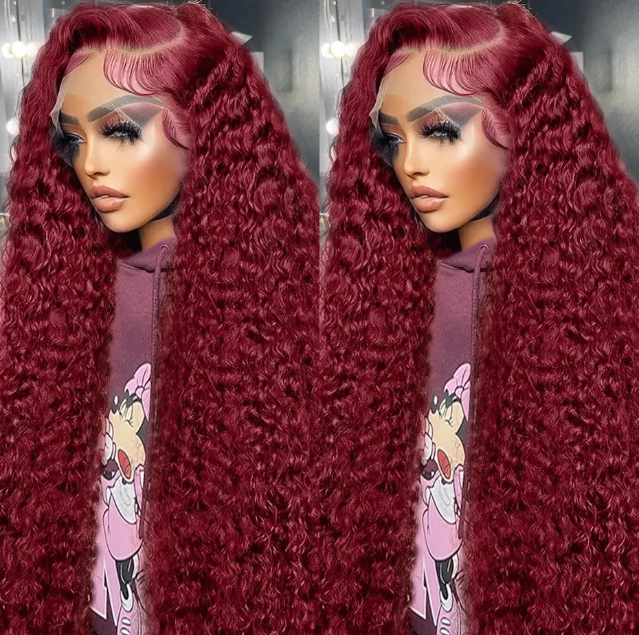 30 40 Inch Curly 99j burgundy 13x4 Lace Front Human Hair Brazilian Red Colored Deep Wave 13x6 Lace Frontal Wigs For Women