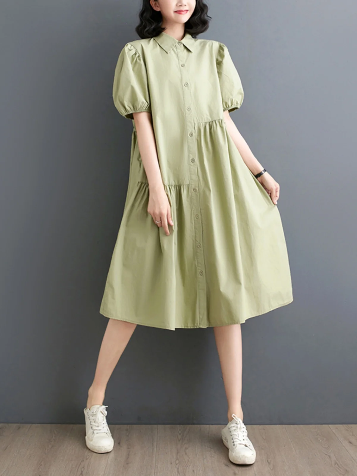   Kragen Lose Midi Dr frauen plus Größe Sommer Abnehmen irt Dr Reine Farbe Blase Sve Pendeln Sle Floral Saum