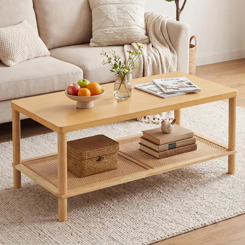 Natural rubberwood 2-tier coffee table with open PVC rattan lower shelf