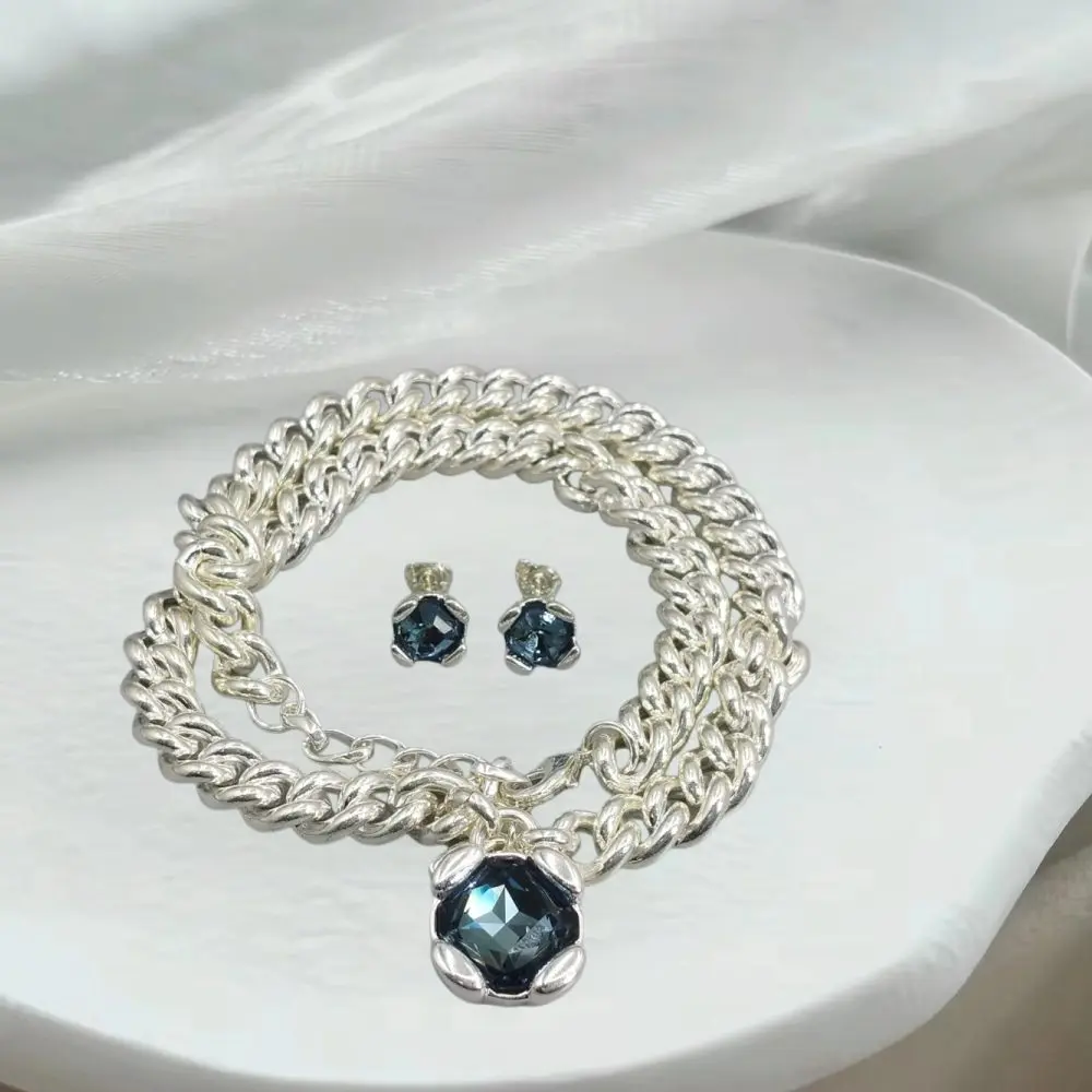 2026 Spain Shining Fashion Blue Crystal Earrings Cuban Chain Jewelry Two Piece Set Temperament Gift