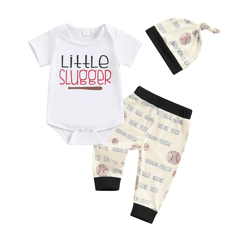 

Baby Boy Summer Outfit Letter Print Short Sleeves Romper and Baseball Print Pants Beanies Hat Set 3 Piece Clothes