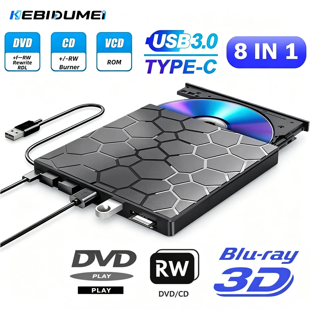 KEBIDUMEI 8in1 USB3.0 Type-C External DVD RW Drive Portable CD Burner TF SD Card Reader Optical Disk Drive for Laptop Desktop