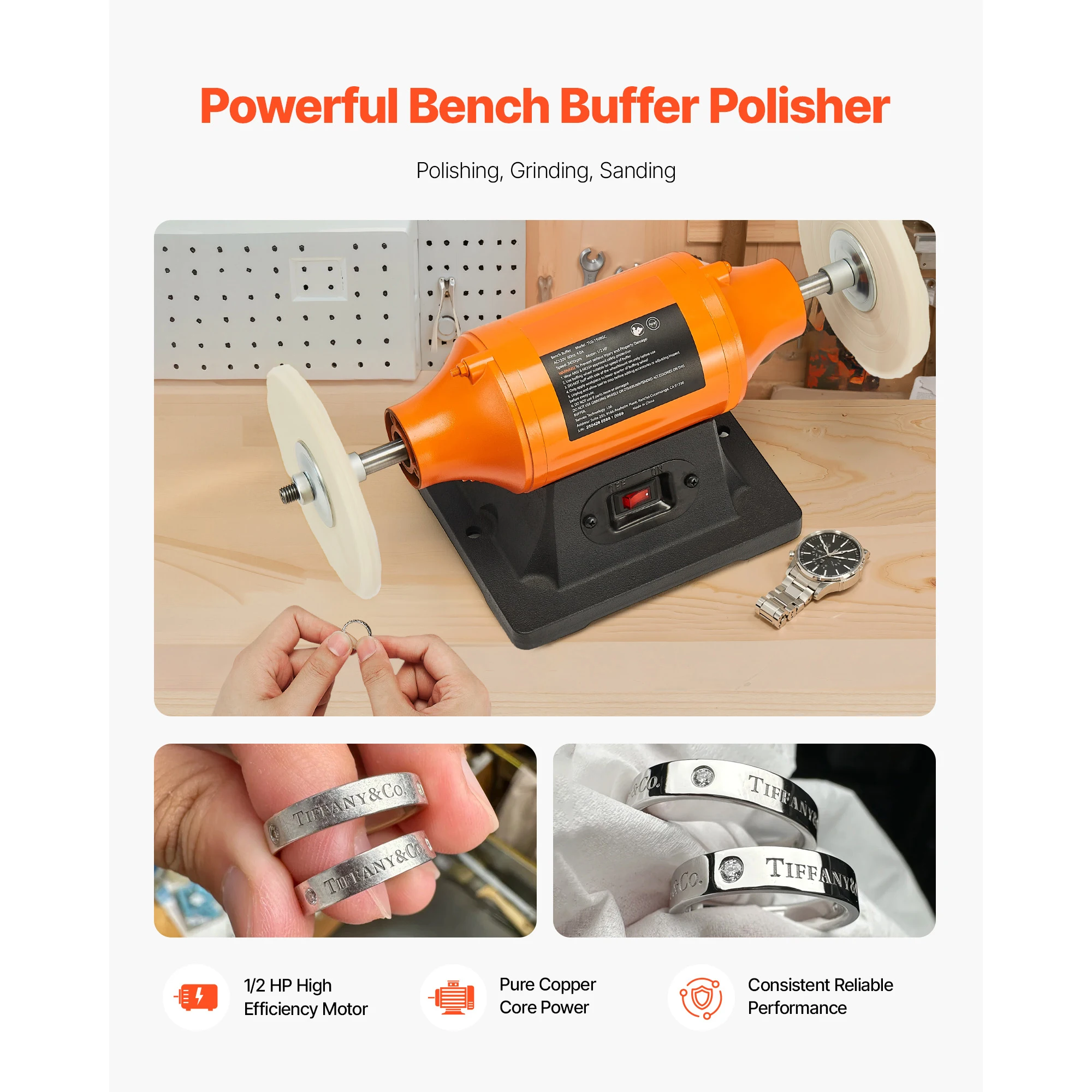 SucceBuy 1/2HP Bench Buffer Polisher 6-inch 3450RPM Single Speed  with 2PCS Cloth Wheels Cast Iron Base for Metal Wood Polishing