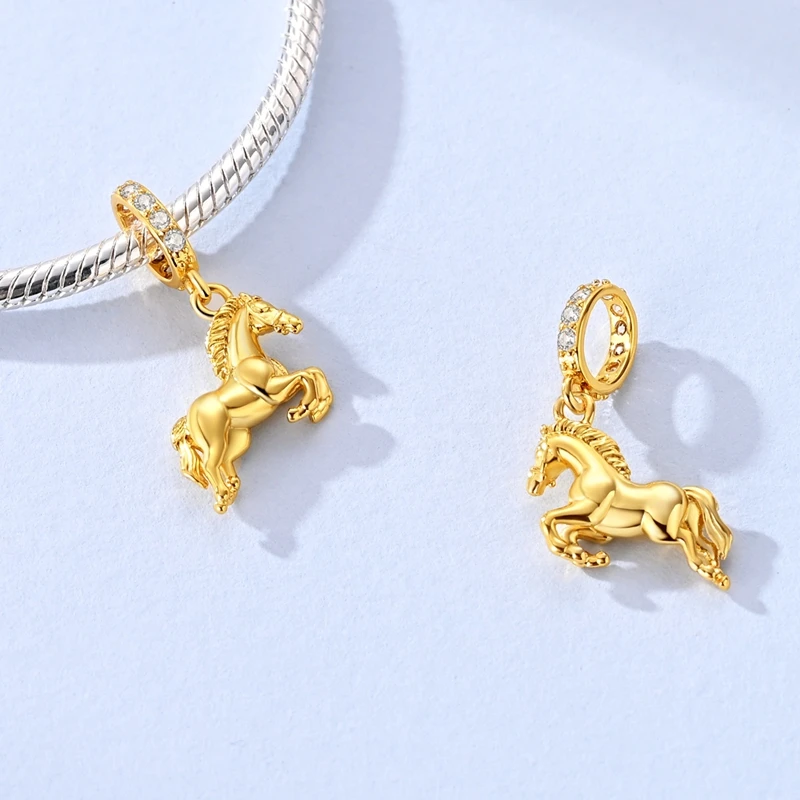 

925 Sterling Silver Charms Bead Sparking Golden Realistic Horse Dangle Fit Original Bracelet DIY Women Jewelry