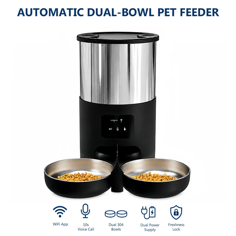 Automatic Pet Feeder with WiFi App, Dual Stainless Steel Bowls, 10s Voice Recorder & Scheduled Feeding Timer for Cats and Dogs