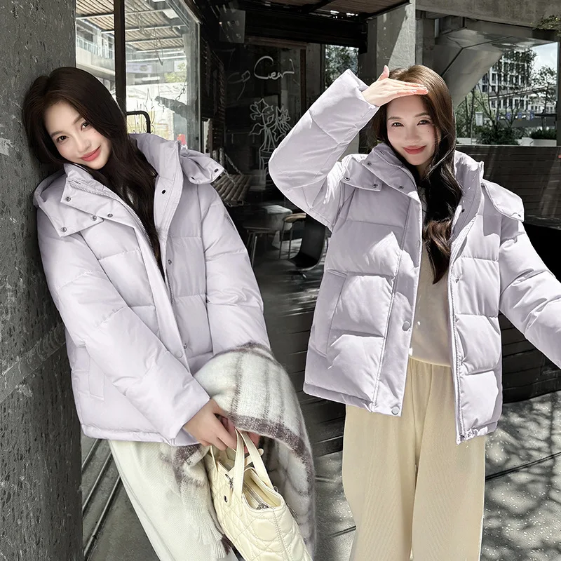 Hooded Women Solid Parkas Casual Splice Loose Short Jackets Pocket Full Sleeve Thick Coat Elegant Lady Autumn Winter 2025