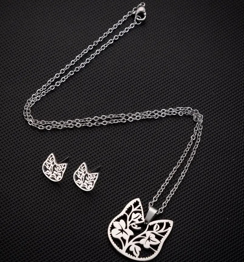 Stainless Steel Lotus Flower Cat Jewelry Set for Women Girl Skull Crane Feather Pendant Necklace Stud Earrings Gifts Wholesale