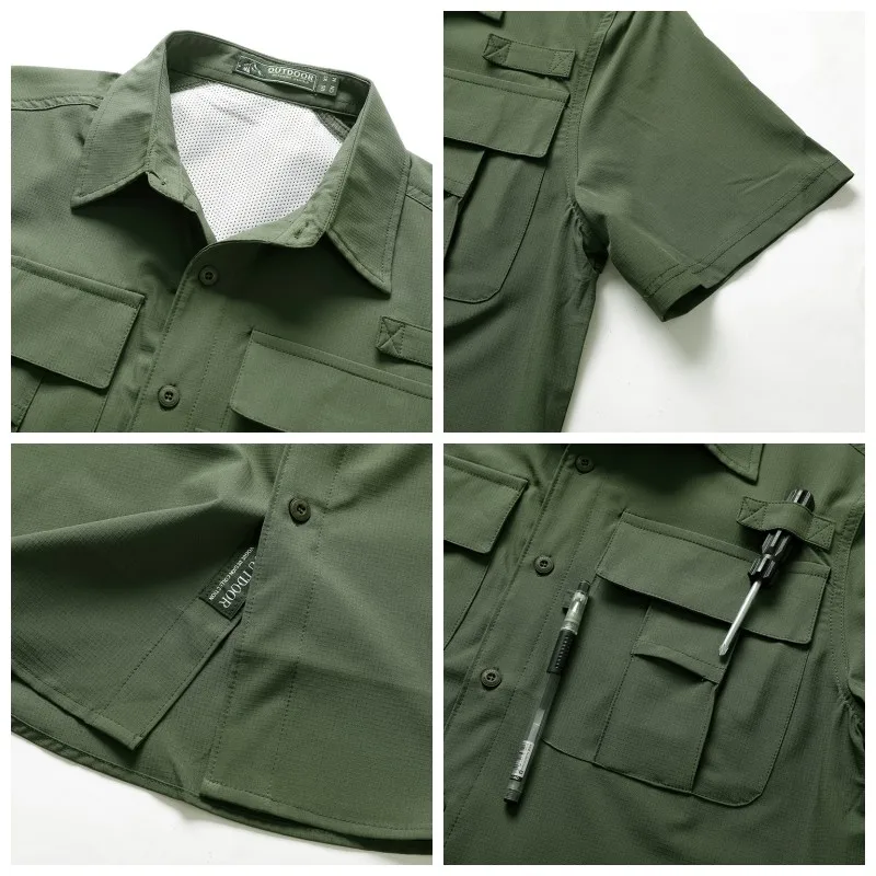 Men Tactical Short Sleeve Shirt Men Cargo Work Shirts Summer Breathable Quick Dry Multi-pocket Hiking Fishing Outdoor Shirts