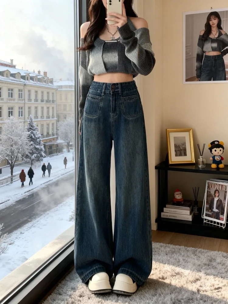 

plus Size Women's Fce Lined Loose Wide Leg Denim Jeans High Waist American Sle Vintage Straight Leg Trousers Autumn Winter