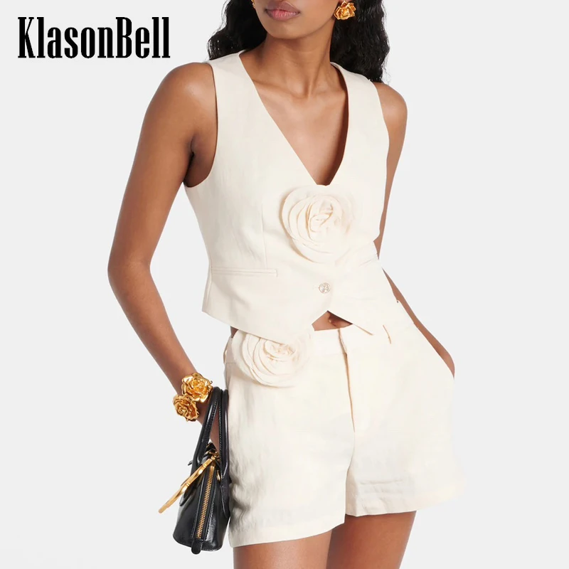 

5.16 KlasonBell Fashion Personality 3D Flower Decoration V-Neck Short Vest Or High Waist Slim Shorts All-matches Set Women