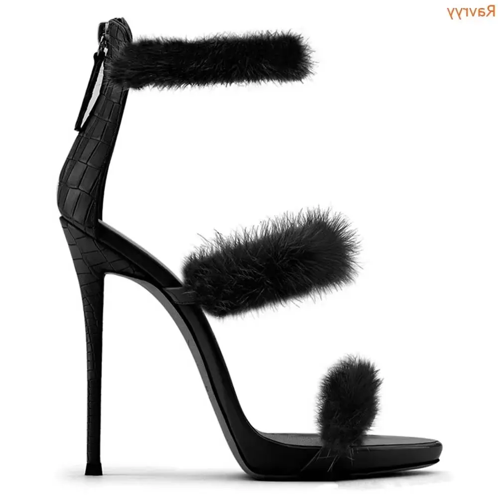 Fur Peep Toe Gladiator Sandals Stiletto Heel Zipper Cover Heel Shoes Women One Word Belt Summer Party High Heel Sandals