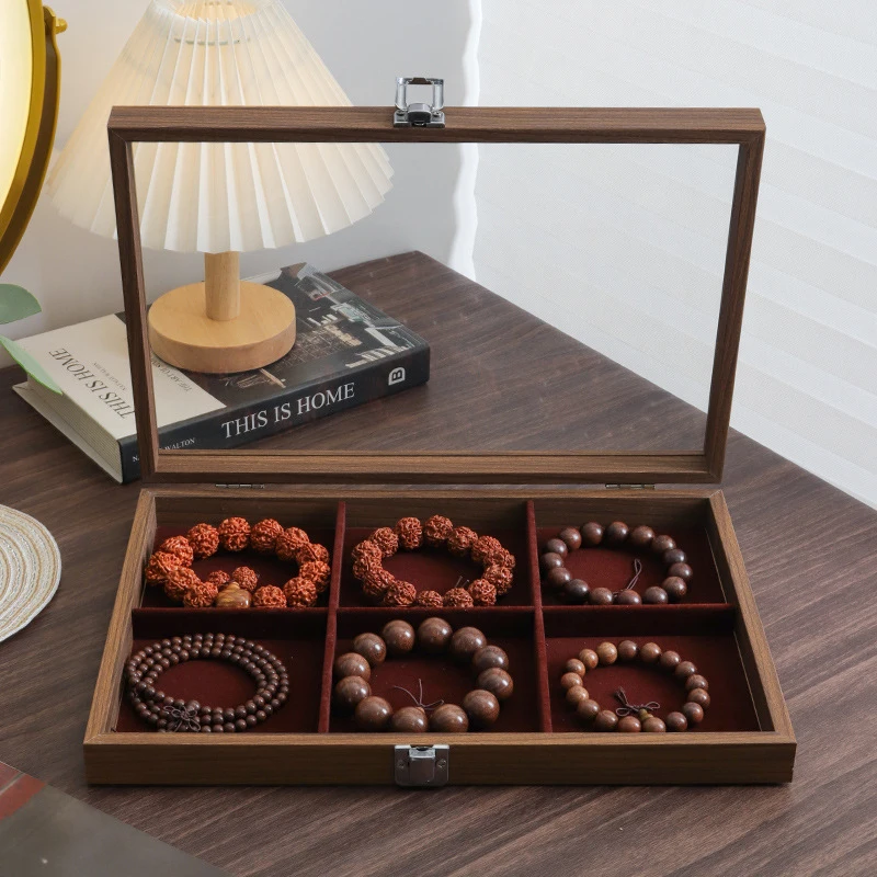 New Trendy Black Walnut Pattern Wooden Glass Dust Proof Jewelry Storage Box For Bracelets And Necklaces Hard PU Leather European