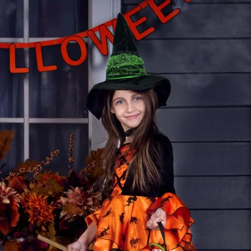 A52E طوي قبعة الساحرة المرنة شريط مرن التجعيد قبعة الساحرة القوطية الأربطة قبعة للأزياء احتفالات الهالوين