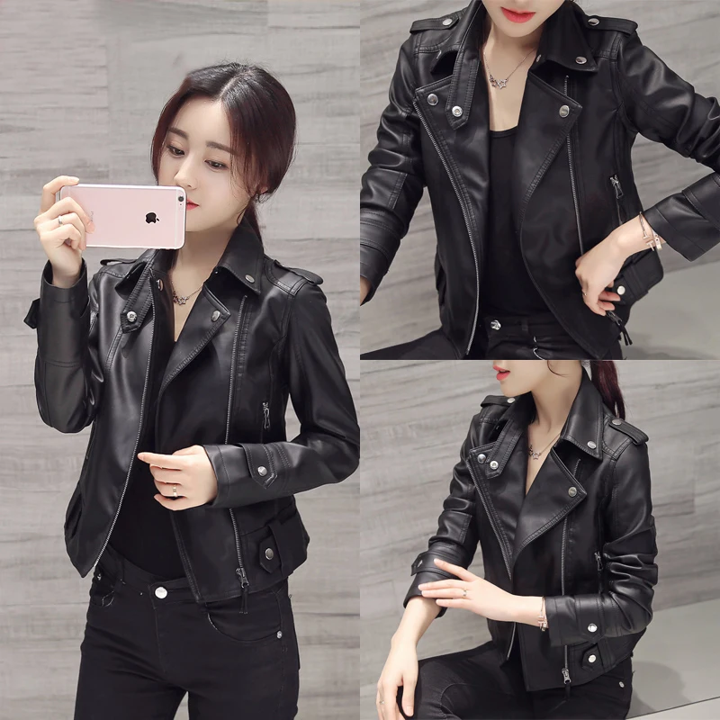 

Spring Autumn Women Short Black PU Zip Up Jacket Slim Fashion Motorcycle Outwear Leather Jacket Casual Wild Coat