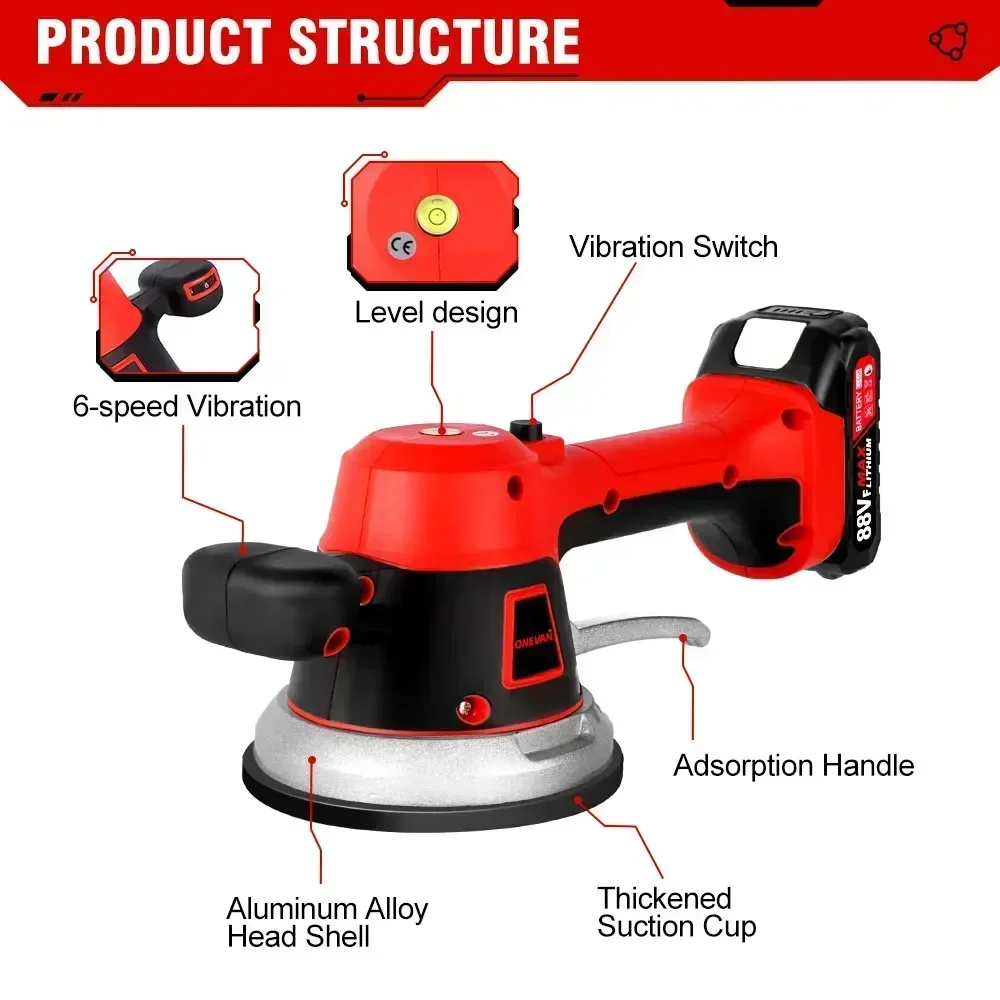 200KG Tiles Tiling Machine Tile Vibrator Suction Cup 6 Gear Adjustable Floor Vibrator Leveling Power Tool For Makita 18v Battery