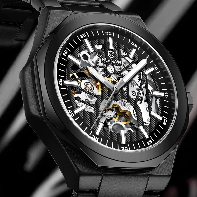 GLENAW Fashion Trend Focus Hollow Design Dial Exquisite Streamlined Case Fully Automatic Mechanical Waterproof Luminous Watch