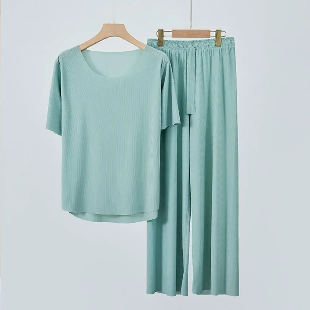 

Pajamas Set 2-piece Summer Pajama Set with Short Sleeve Tee Shirt Long Pants Ice Silk Material Comfortable Sleepwear for Women
