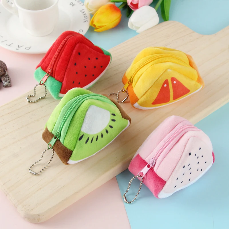 Cute Fruit Plush Coin Purse para mulheres, bolsa de mudança, bolsa de dinheiro, moda dos desenhos animados, doce menina presente carteira multifunções, novo