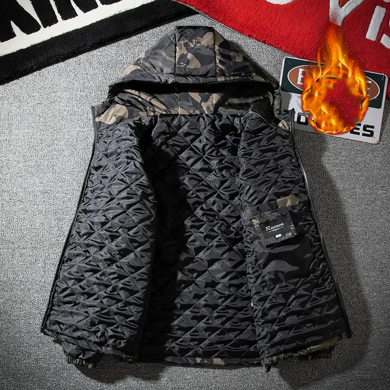 2025 الخريف الشتاء الرجال سترة رشاقته الرسم المطبوعة الذكور ملابس خارجية سحاب أكمام طويلة مقنعين فضفاضة في الهواء الطلق رجل أسفل معطف