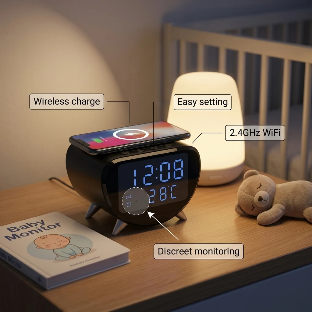 Wireless Charging Alarm Clock Camera,4K UHD,WiFi 6,SD Card Storage,Motion Detection,Smart Home Companion for Home,Olffice,Hotel