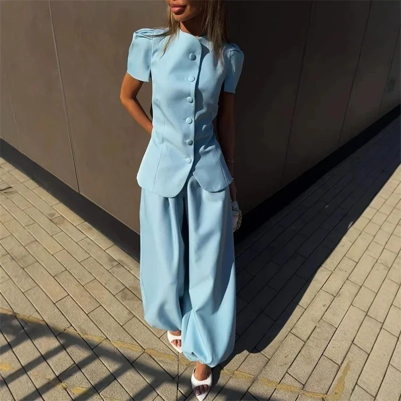 Elegant Satin Puff Sleeve Blouse For Women Round Neck Button Down Fitted Waist Asymmetric Hem Office & Formal Wear Tops
