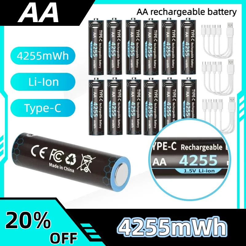 

1.5V AA rechargeable battery 4255mWh Type-C USB lithium battery for remote control toy battery with charging cable