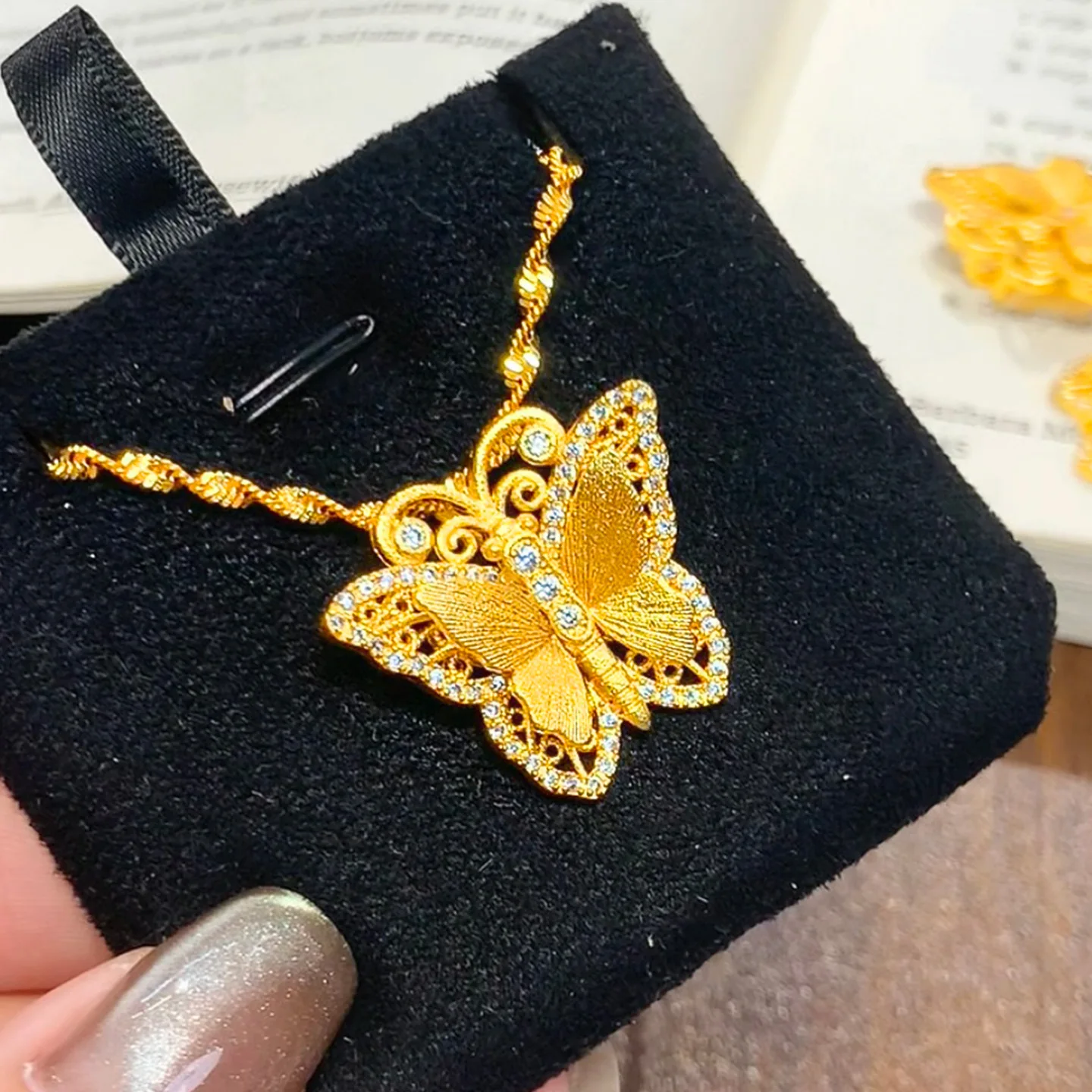 9999 gold hollow brushed crystal-dazzled three-dimensional butterfly pendant - sweet style, lucky butterfly necklace